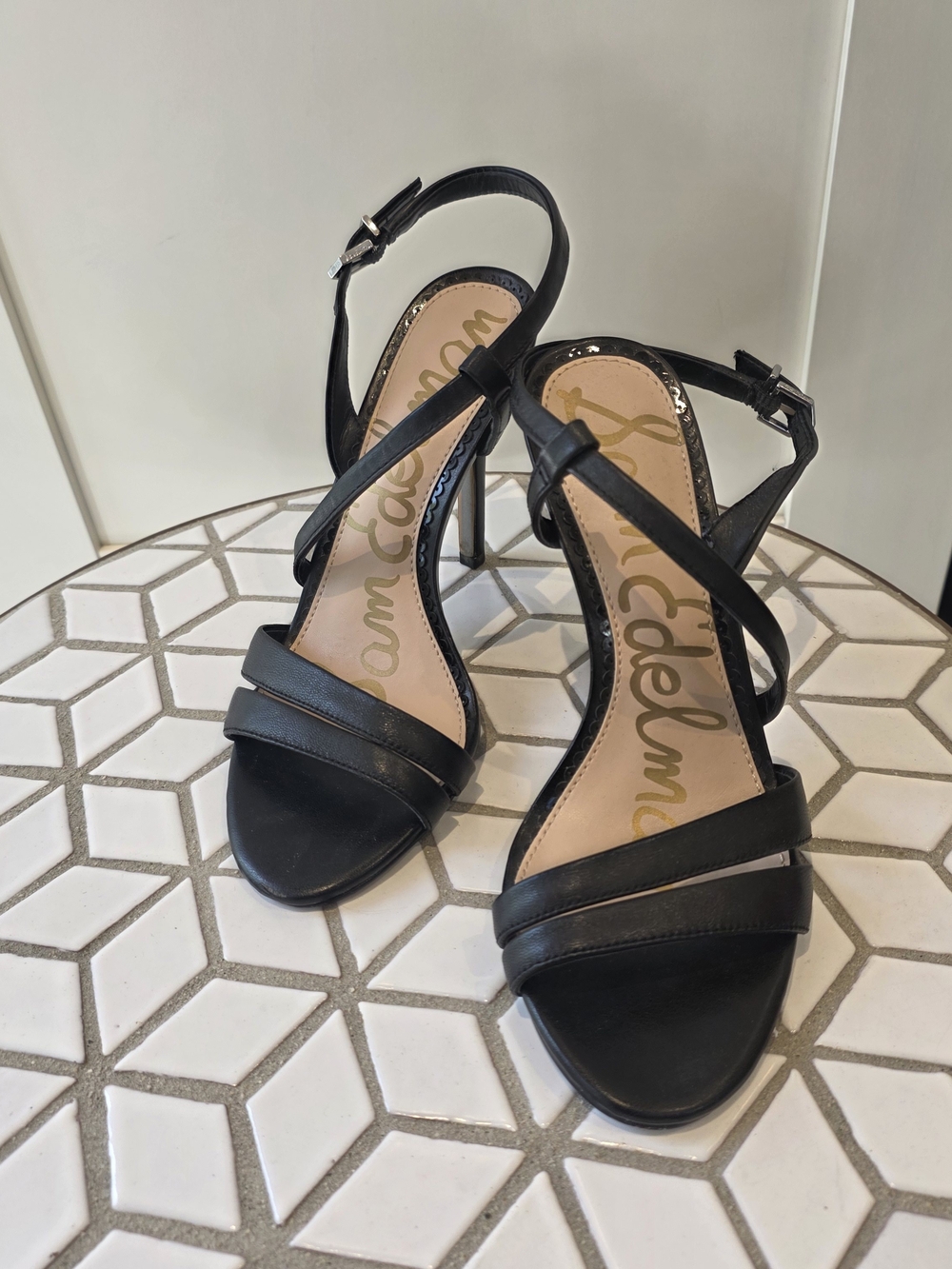 Sam Edelman Black Leather Cross-Strap Stiletto Sandals